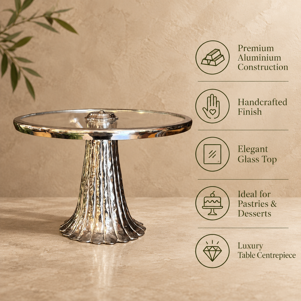 Features an infographic of a silver pedestal serving stand with glass top highlighting premium aluminium construction, handcrafted finish, elegant glass top, and luxury design.