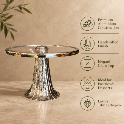Features an infographic of a silver pedestal serving stand with glass top highlighting premium aluminium construction, handcrafted finish, elegant glass top, and luxury design.