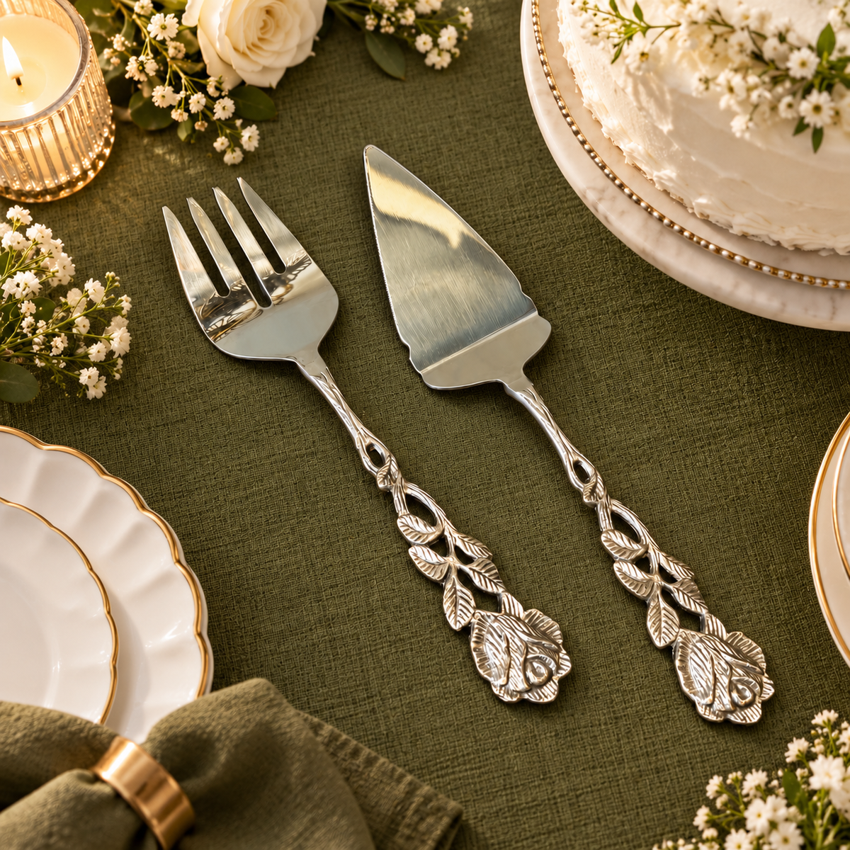 Luxury silver rose handle cake server and matching pastry fork set styled on a dark olive green table mat with elegant dinnerware and floral accents, ideal for weddings, celebrations and cake serving.