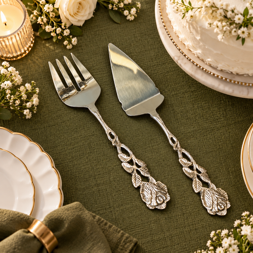 Luxury silver rose handle cake server and matching pastry fork set styled on a dark olive green table mat with elegant dinnerware and floral accents, ideal for weddings, celebrations and cake serving.