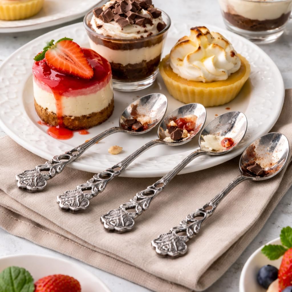 Four ornate silver dessert spoons placed on a beige napkin next to a plate of gourmet mini cakes, including a strawberry cheesecake and chocolate mousse.