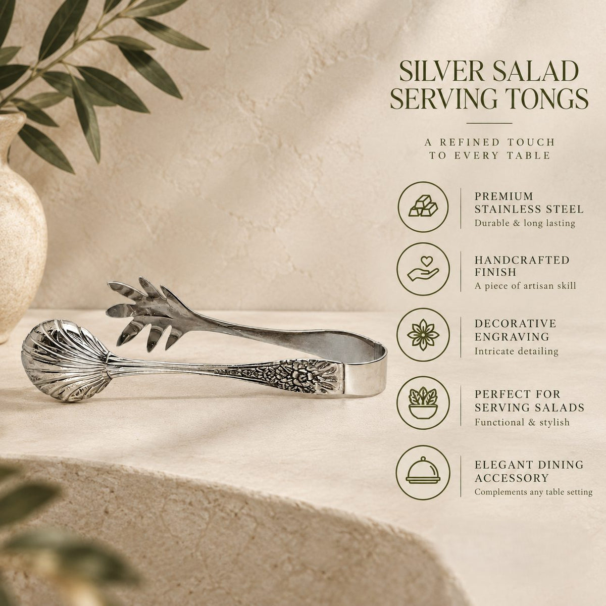 Features infographic of premium silver salad serving tongs highlighting stainless steel construction, handcrafted finish, decorative engraving, and elegant dining use.