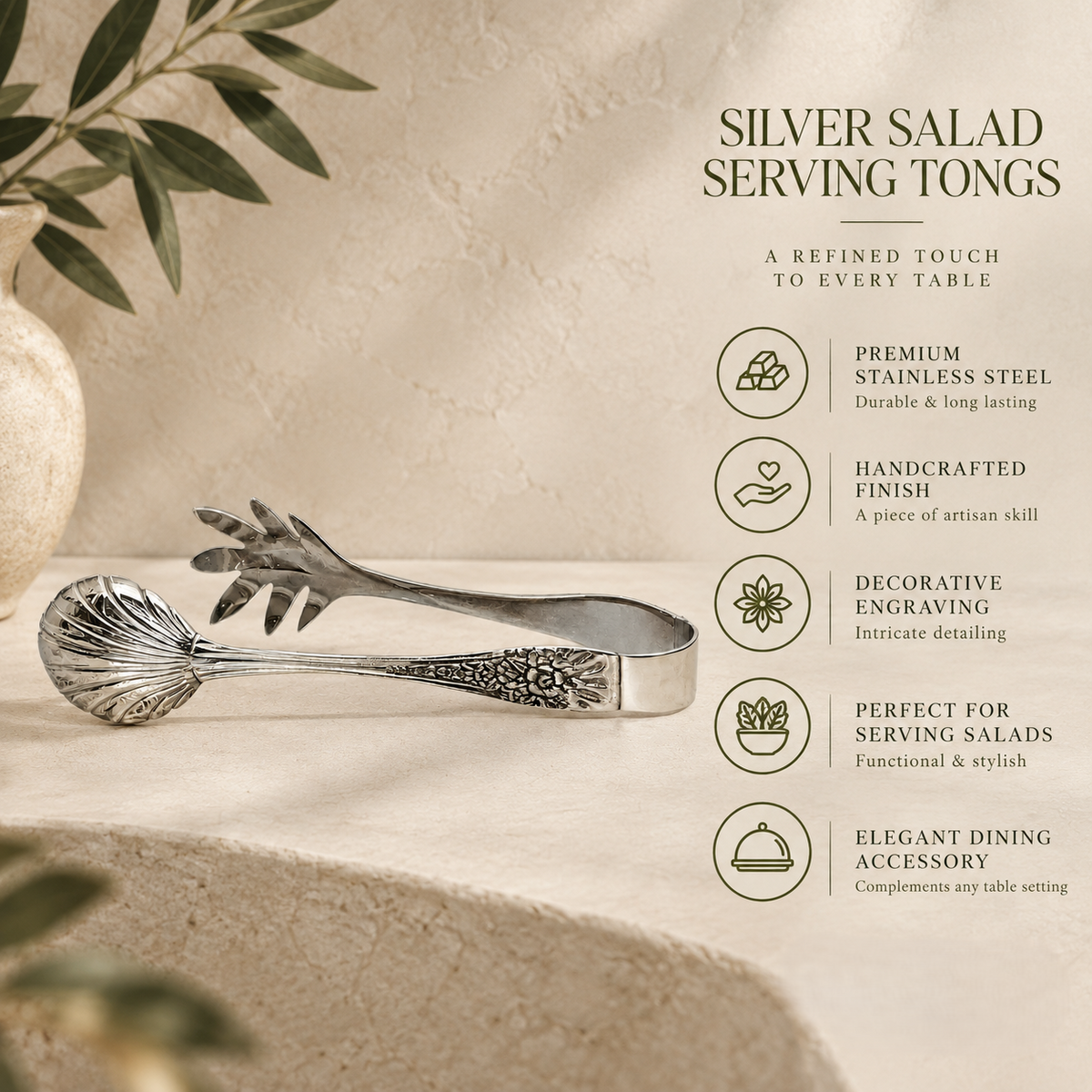 Features infographic of premium silver salad serving tongs highlighting stainless steel construction, handcrafted finish, decorative engraving, and elegant dining use.
