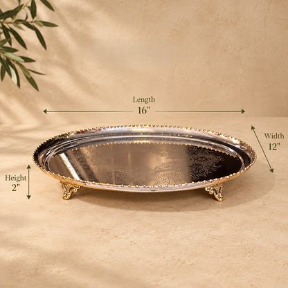 Dimensions of the silver decorative serving tray measuring 16 inches long, 12 inches wide and 2 inches high.