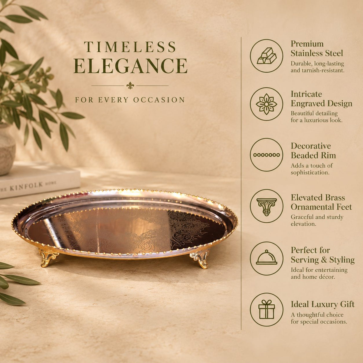 Premium silver decorative serving tray highlighting stainless steel construction, engraved design, gold beaded rim, ornamental feet and luxury serving features.