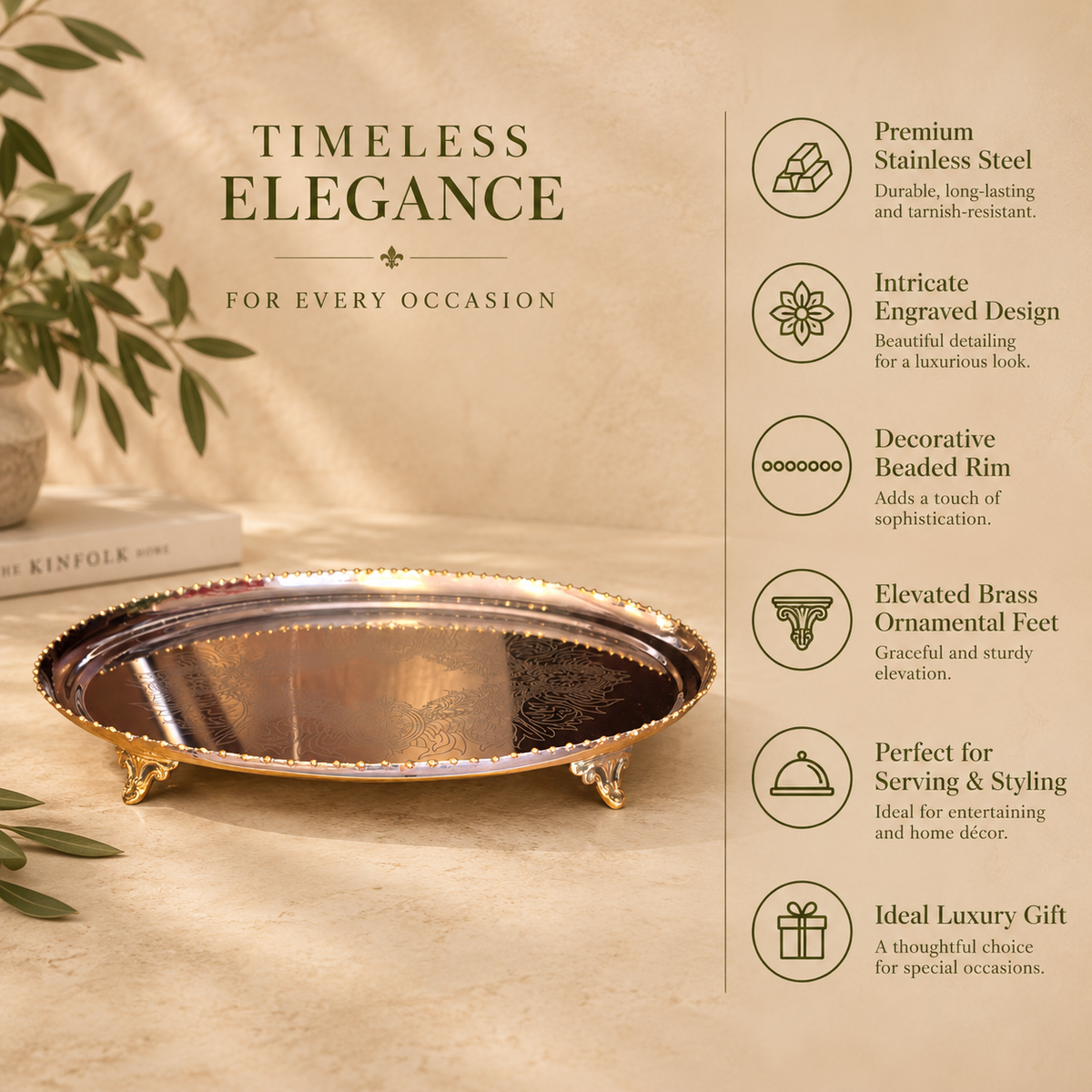 Premium silver decorative serving tray highlighting stainless steel construction, engraved design, gold beaded rim, ornamental feet and luxury serving features.