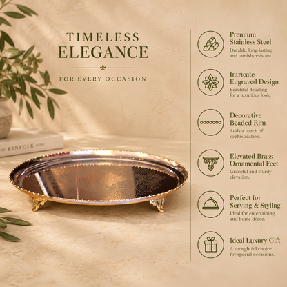 Premium silver decorative serving tray highlighting stainless steel construction, engraved design, gold beaded rim, ornamental feet and luxury serving features.