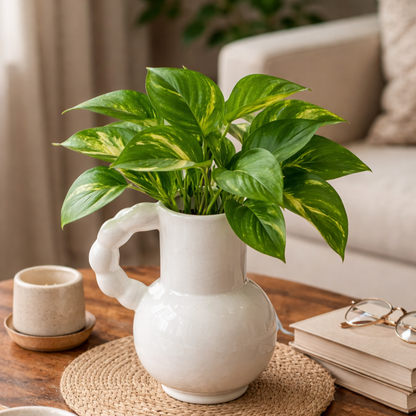 A white ceramic pitcher repurposed as a decorative flower vase holding a lush green Pothos plant on a living room table.