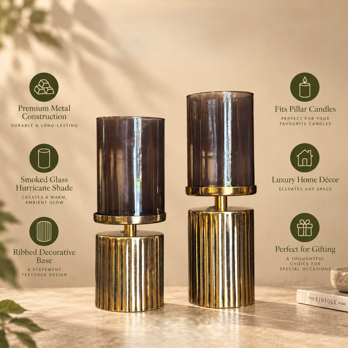 Features of the luxury smoked glass candle holder set including premium metal construction, smoked glass shade, pillar candle compatibility, and gifting appeal.