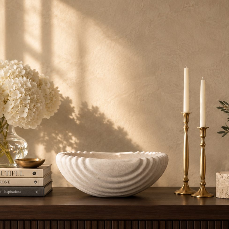 Scalloped white ceramic urli styled on a walnut console table with brass candle holders, white hydrangeas, and luxury home décor accessories.