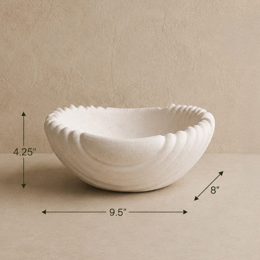 Dimension guide of the Scalloped White Ceramic Urli featuring a 9.5-inch diameter, 8-inch depth, and 4.25-inch height, ideal as a luxury decorative centerpiece for floating candles, flowers, and home décor.