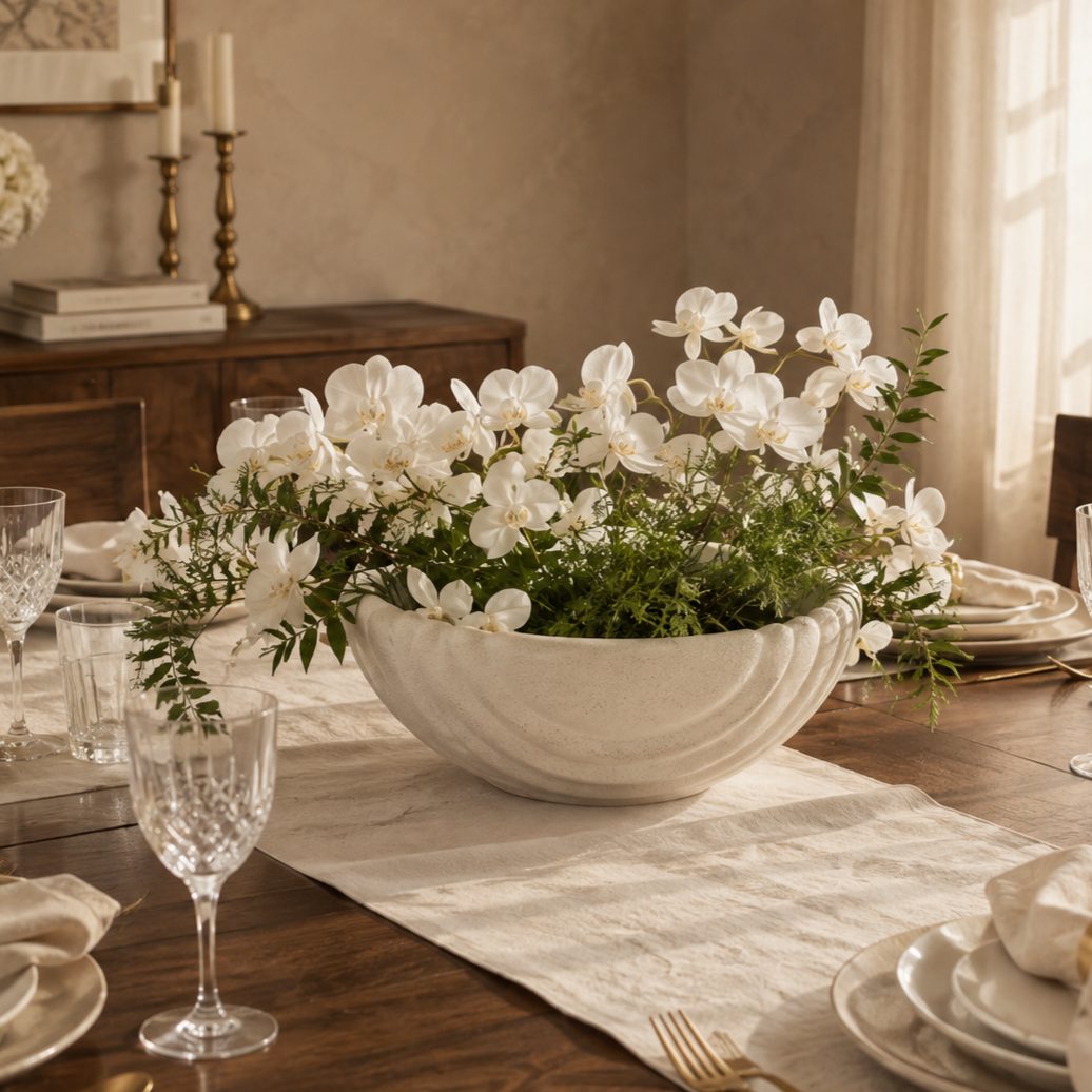 Scalloped white ceramic urli styled as a luxury dining table centerpiece with white orchids, greenery, crystal glassware, and elegant table décor.