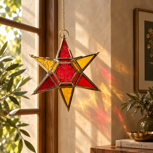 Luxury stained glass star hanging lantern casting colorful sunlight reflections in an elegant living space.