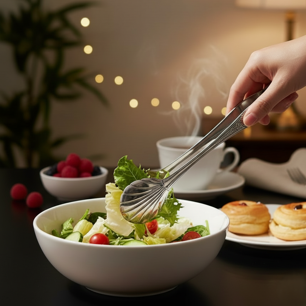 A hand using silver scallop-edged tongs to serve a fresh green salad with tomatoes from a white bowl in a cozy, warmly lit indoor setting