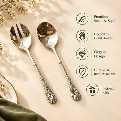 Premium stainless steel serving spoon and fork set with elegant floral engraved handles, featuring durable rust-resistant construction, decorative design, and gift-worthy craftsmanship on a warm beige background by Inara Home Decor.