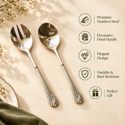 Premium stainless steel serving spoon and fork set with elegant floral engraved handles, featuring durable rust-resistant construction, decorative design, and gift-worthy craftsmanship on a warm beige background by Inara Home Decor.