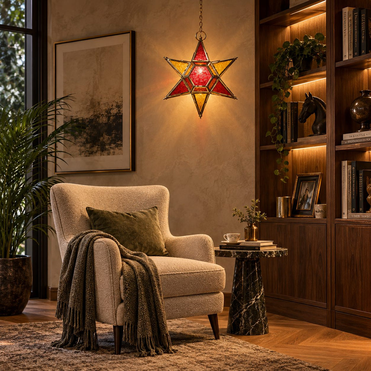 Handcrafted red and amber stained glass star hanging lantern displayed in a luxury living room reading corner with warm ambient lighting.