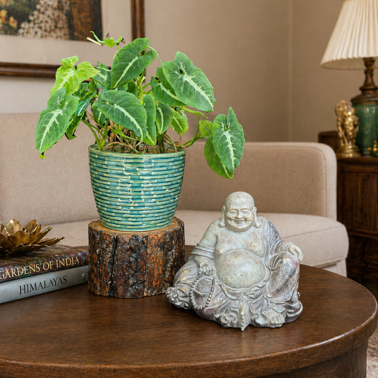 Syngonium plant in teal ceramic planter with laughing buddha statue on a wooden table in a cozy living room setting.