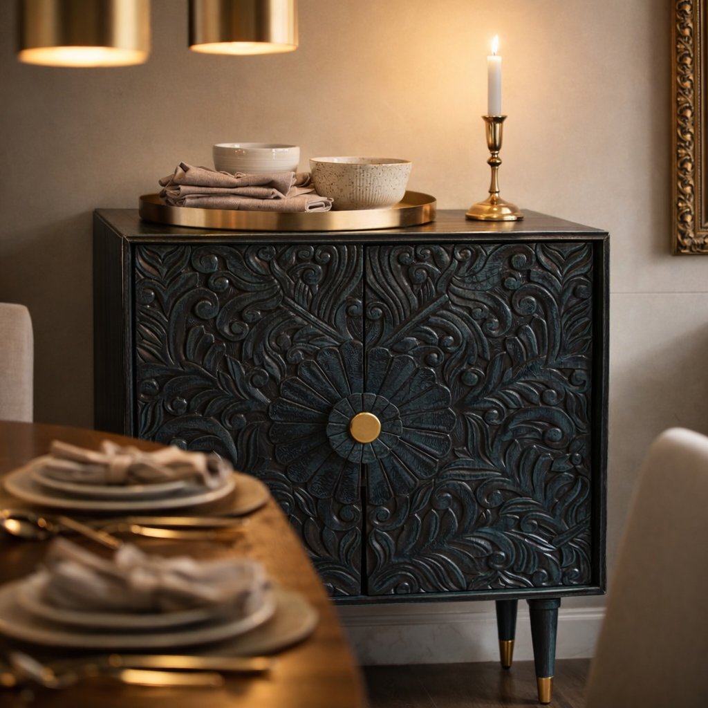 Teal floral carved wooden sideboard cabinet styled in an elegant dining room with candlelight and brass décor accents.