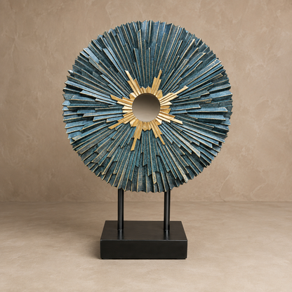 Premium teal and gold sunburst decorative sculpture with textured finish and black stand for luxury home décor.