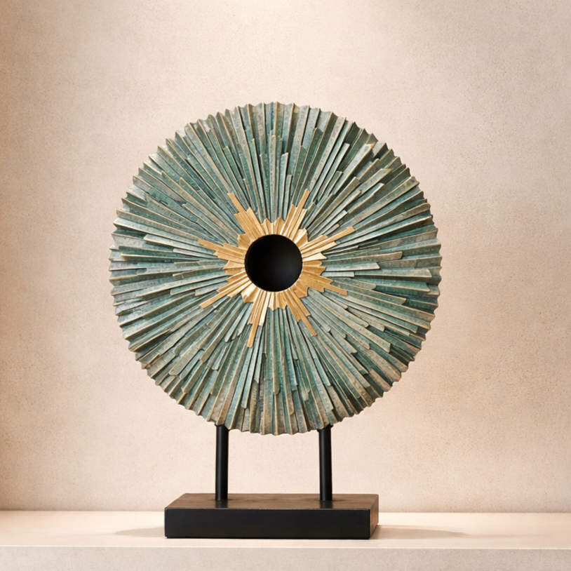 Teal and gold sunburst sculpture displayed as a standalone decorative piece on a minimalist console table in a modern living space