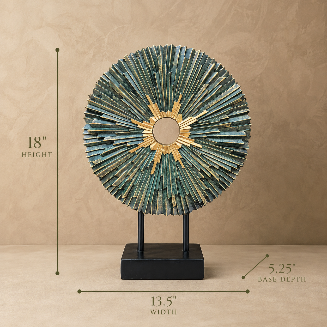Dimensions of the teal and gold sunburst decorative sculpture measuring 18 inches high, 13.5 inches wide, and 5.25 inches base depth.