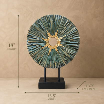 Dimensions of the teal and gold sunburst decorative sculpture measuring 18 inches high, 13.5 inches wide, and 5.25 inches base depth.