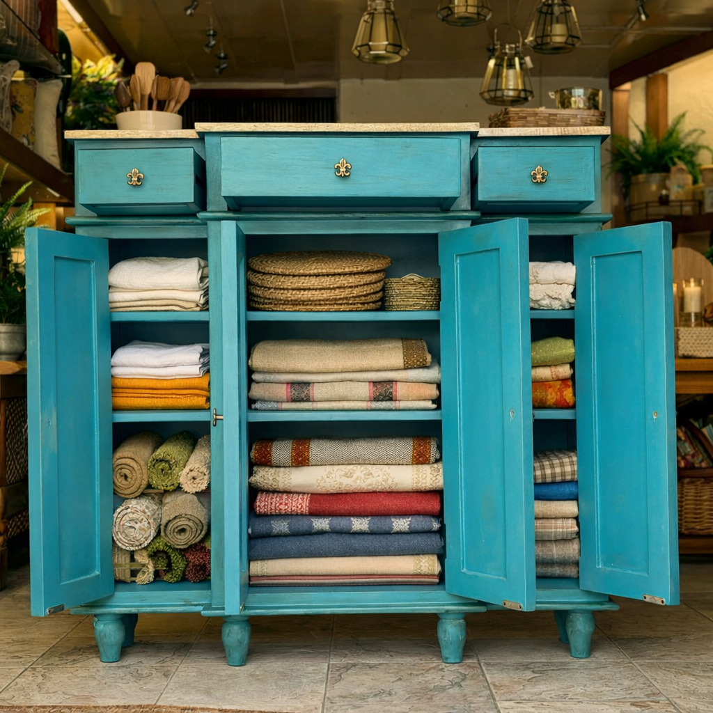Distressed teal wooden storage cabinet with open doors showcasing neatly folded linens, table mats, and textiles on shelves in a warm interior setting.