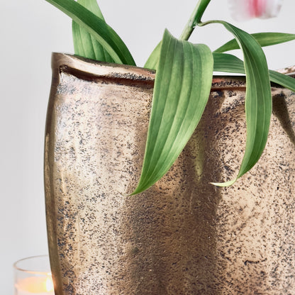 A detailed close-up shot showing the pitted, metallic texture of a bronze vase with vibrant green lily leaves emerging from the top.