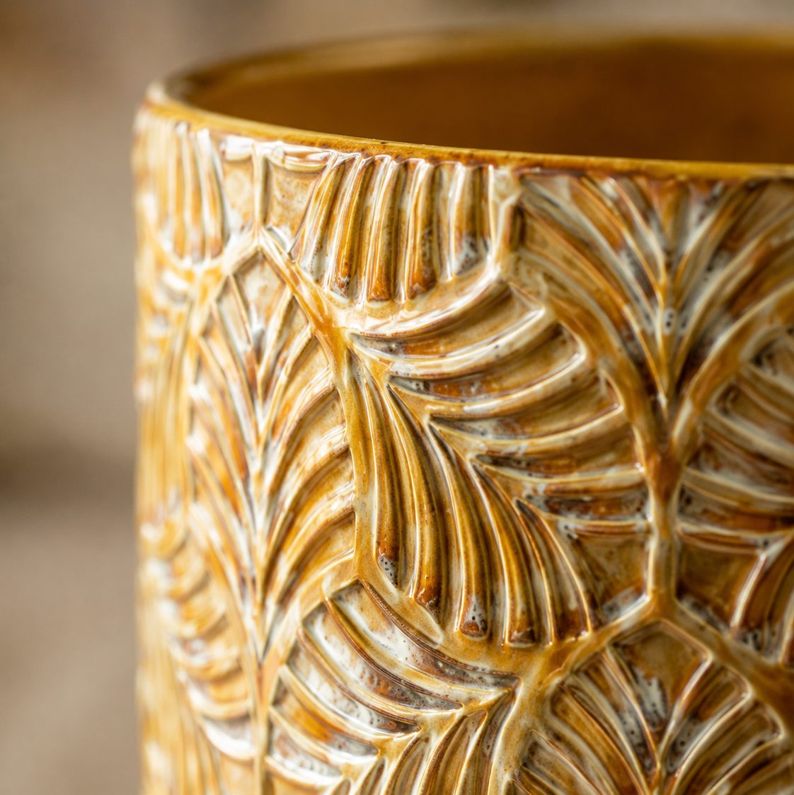Textured Leaf Ceramic Footed Planter – alternate angle | INARA