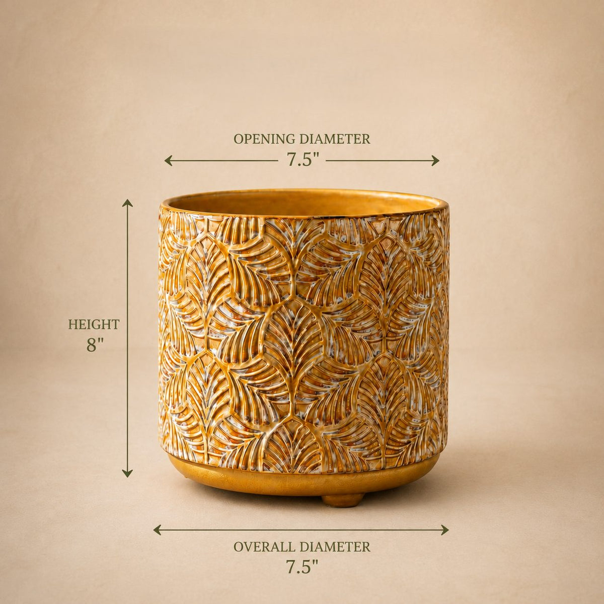 Dimension guide for mustard yellow embossed ceramic planter showing 8-inch height, 7.5-inch opening diameter, and 7.5-inch overall diameter.