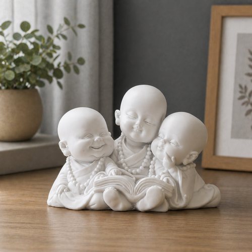 White three baby monk figurine reading a book on a wooden tabletop with dark grey wall and light grey curtains in a minimalist lifestyle setting.