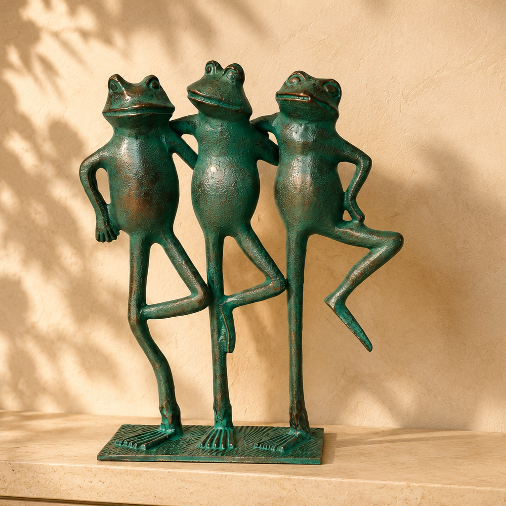Three Frogs decorative metal sculpture with a verdigris finish displayed on a travertine console against a warm beige Venetian plaster wall with soft natural sunlight and elegant leaf shadows, creating a premium luxury home décor setting.