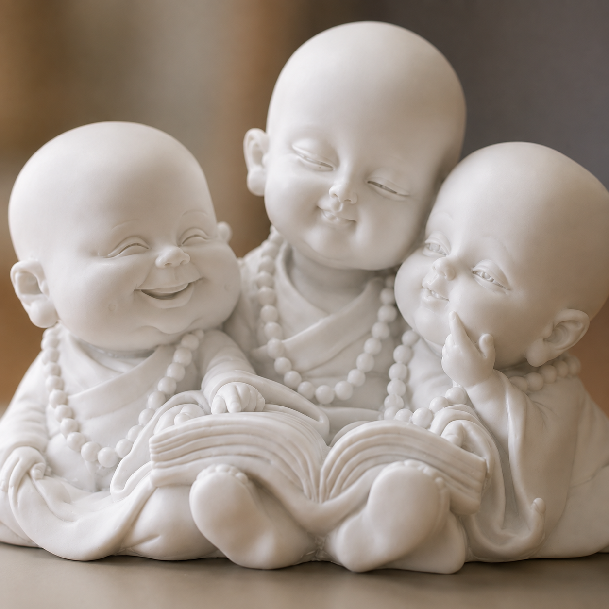 Close-up of the Three Little Monk Reading Figurine featuring smiling monk sculptures reading a book, crafted from premium white resin with a smooth matte finish.