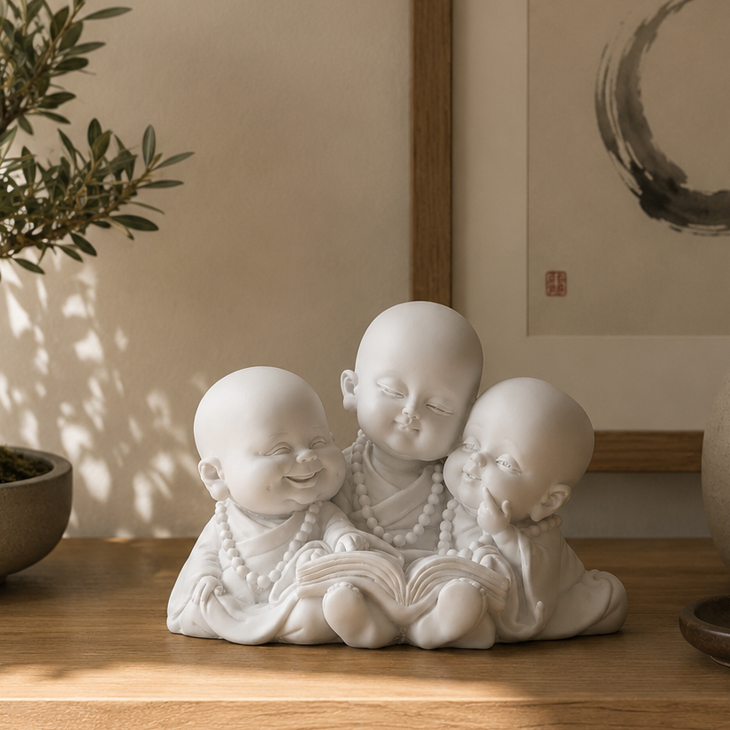 Three Little Monk Reading Figurine styled on a walnut console table with bonsai, incense and minimalist Zen décor in a luxury modern interior.