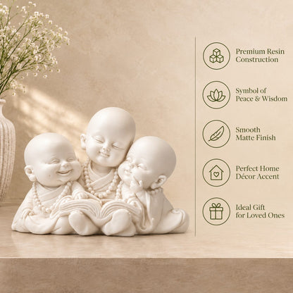 Three Little Monk Reading Figurine crafted from premium resin with a smooth matte finish, symbolizing peace and wisdom, luxury home décor gift.