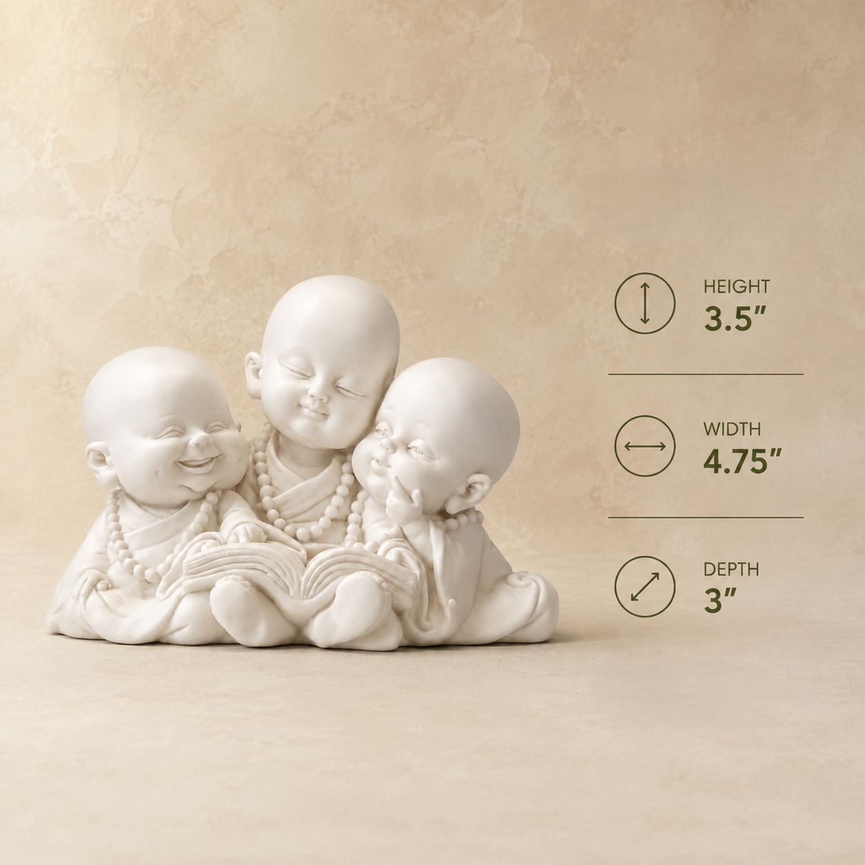 Dimensions of the Three Little Monk Reading Figurine – 3.5 inch height, 4.75 inch width and 3 inch depth, premium resin home décor sculpture.