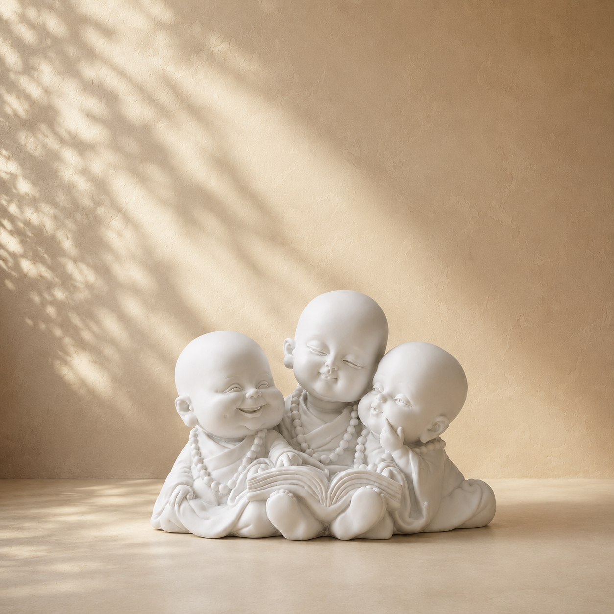 Premium Three Little Monk Reading Figurine in white resin displayed against a warm beige luxury backdrop with soft natural light, elegant home décor accent.