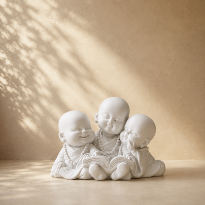 Premium Three Little Monk Reading Figurine in white resin displayed against a warm beige luxury backdrop with soft natural light, elegant home décor accent.