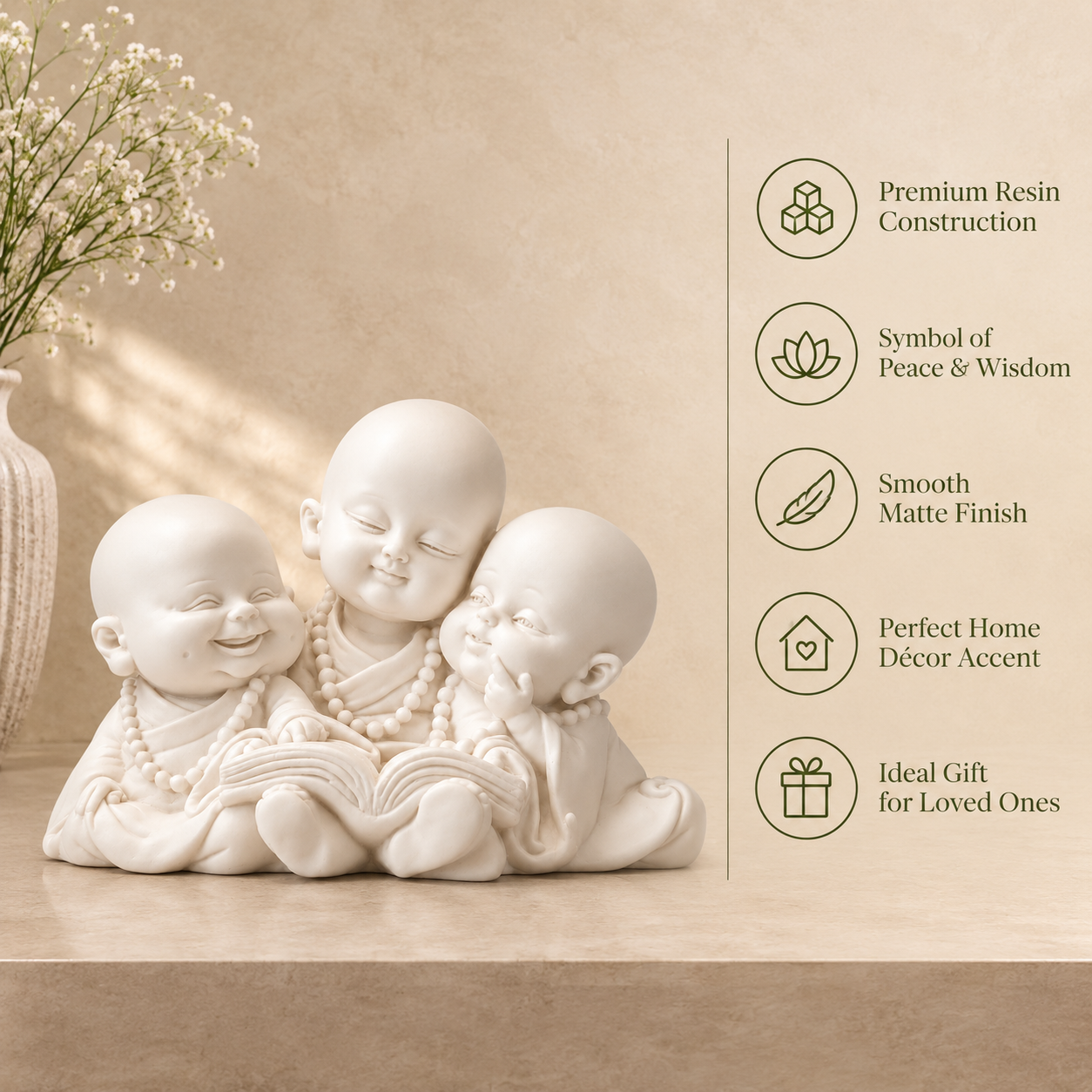 Three Little Monk Reading Figurine crafted from premium resin with a smooth matte finish, symbolizing peace and wisdom, luxury home décor gift.