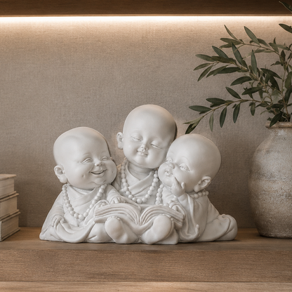 Three Little Monk Reading Figurine in premium white resin displayed on a wooden shelf with decorative books and greenery, luxury home décor accent for living room or office.