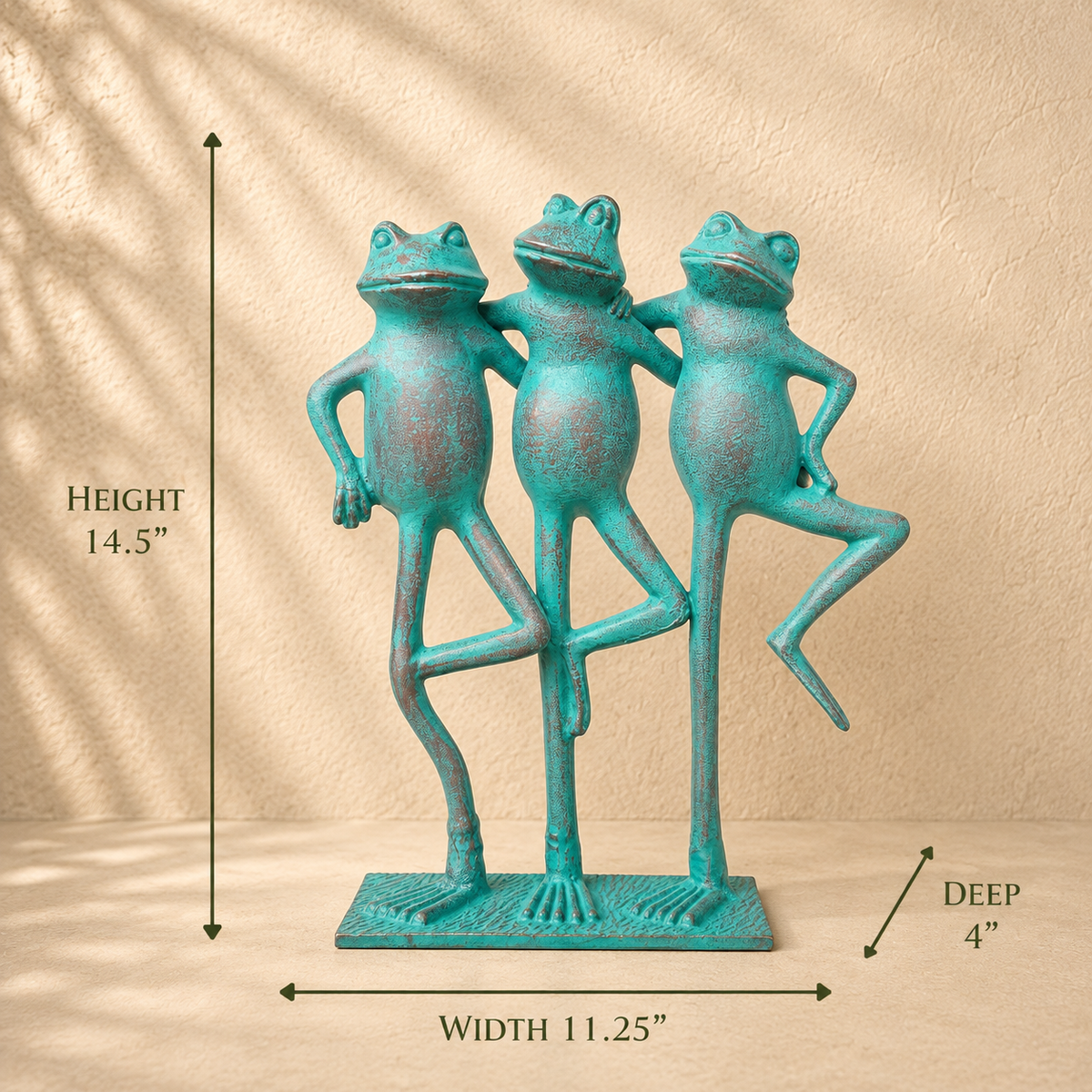 Dimensions of handcrafted metal frog trio sculpture measuring 14.5 inches high, 11.25 inches wide, and 4 inches deep.
