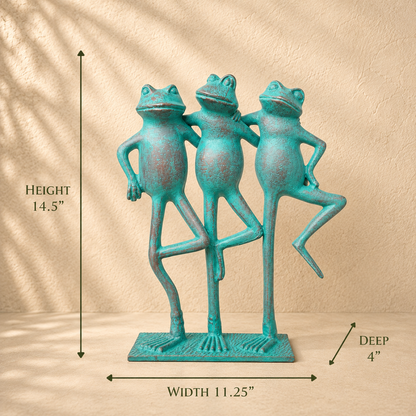 Dimensions of handcrafted metal frog trio sculpture measuring 14.5 inches high, 11.25 inches wide, and 4 inches deep.