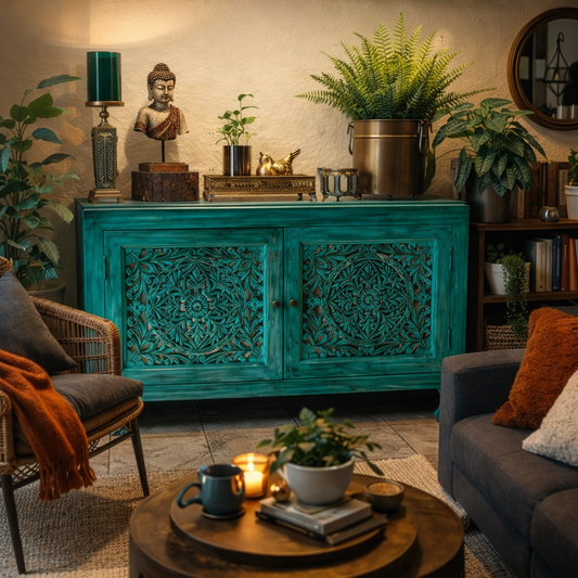 Lifestyle image of a carved turquoise wooden cabinet with intricate floral detailing, styled in a cozy luxury living room with brass décor accents, indoor plants, warm lighting, and a round coffee table in the foreground.