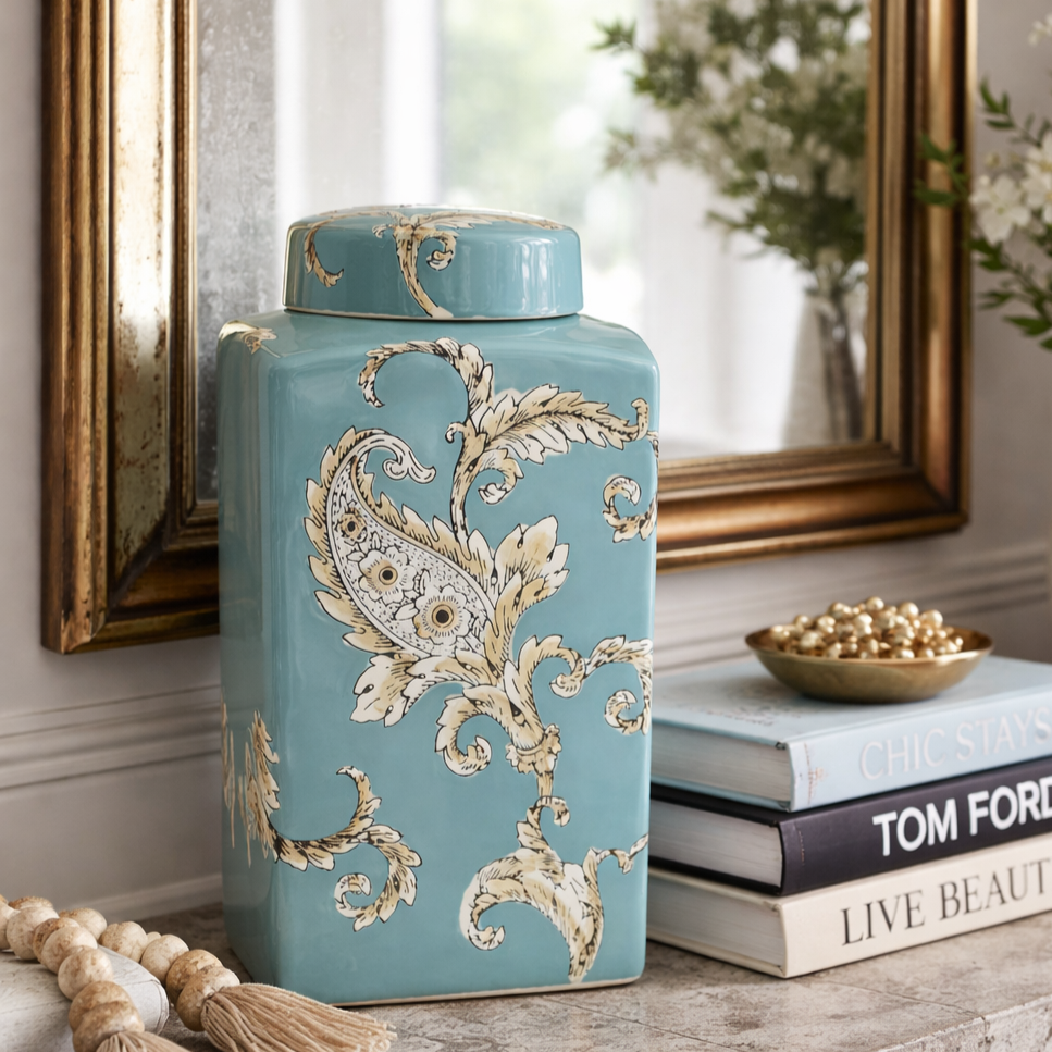 Turquoise ceramic decorative jar with vintage floral detailing styled on a console table with gold mirror, stacked books, and accent decor in a luxury home setting.