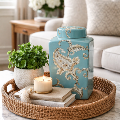 Turquoise ceramic decorative jar with vintage floral detailing styled on a rattan tray with candle and plant on a modern living room coffee table.