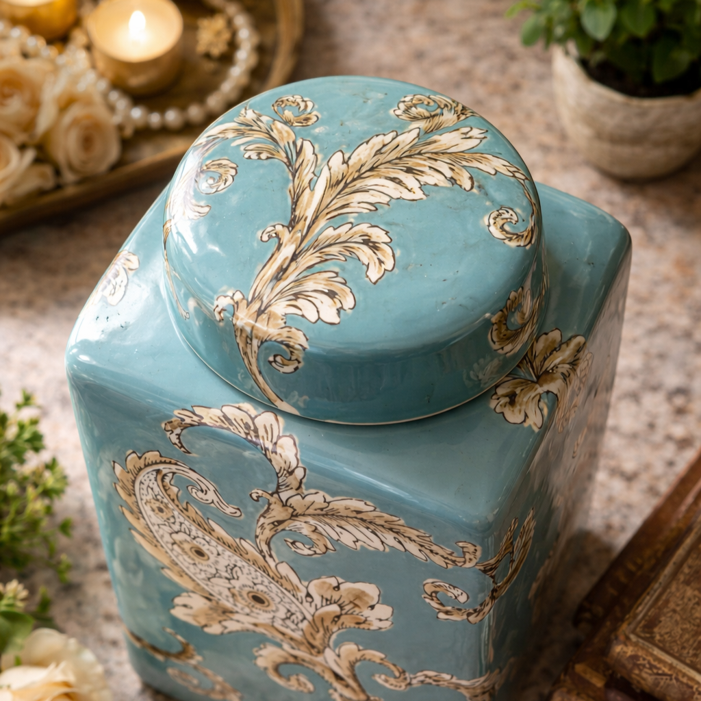 Top view close-up of turquoise ceramic decorative jar lid with intricate vintage floral detailing in cream and gold accents styled on a luxury console setting.
