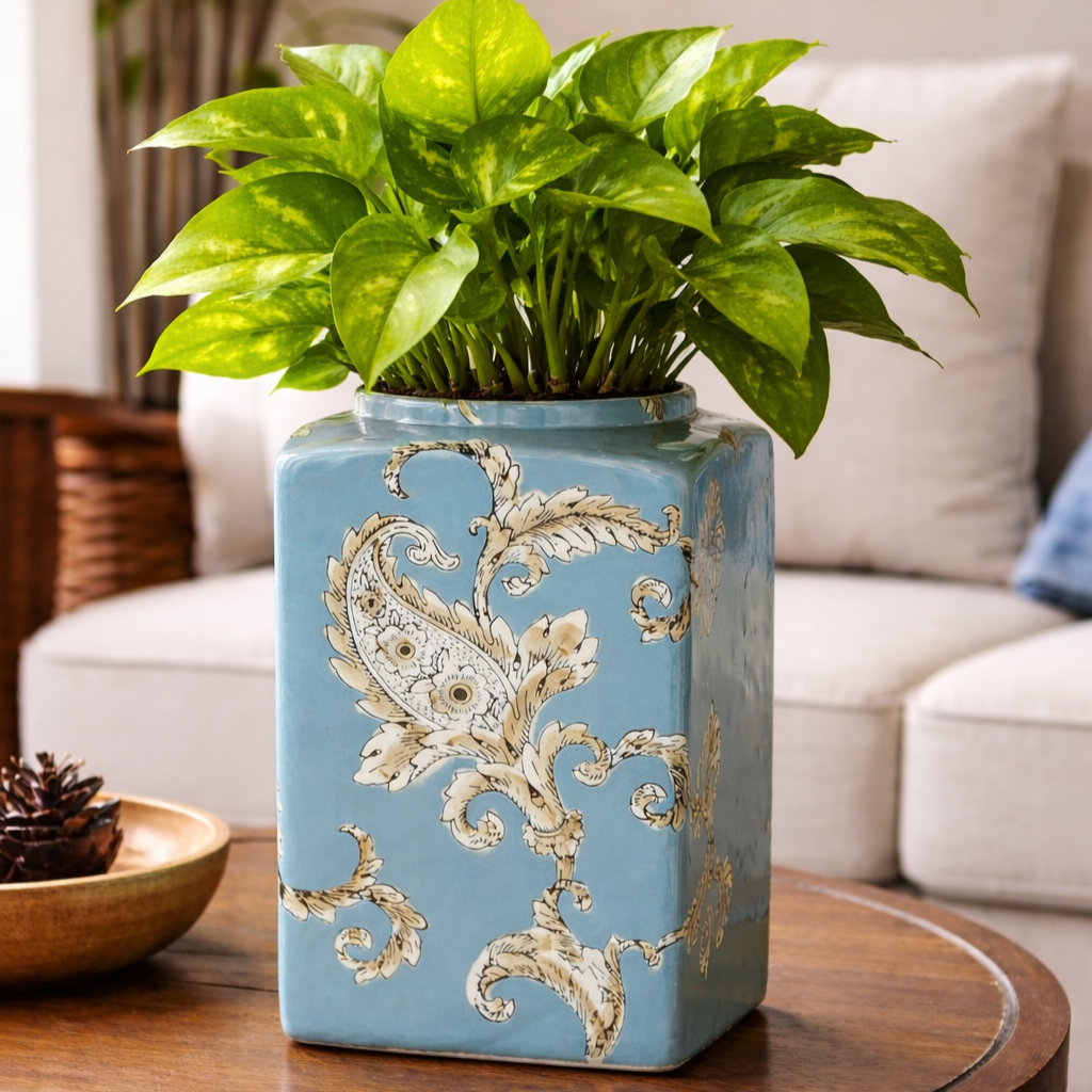 Turquoise ceramic decorative jar used as a planter with lush green money plant on a wooden coffee table in a living room setting.