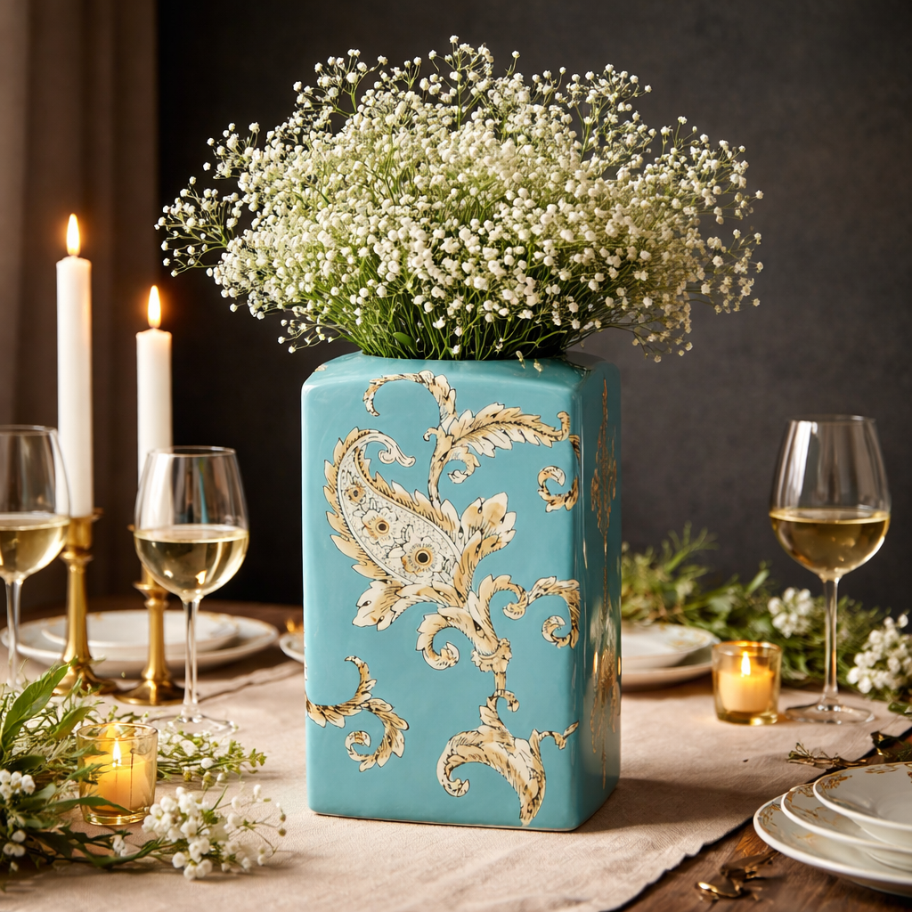 Turquoise ceramic vintage floral vase styled as an elegant dining table centerpiece with baby’s breath flowers, candles, and wine glasses in a luxury dinner setting.