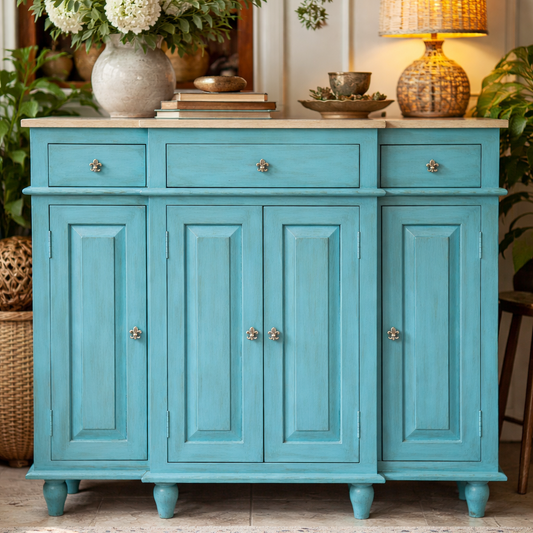 Turquoise distressed wooden sideboard buffet cabinet with brass knobs, styled with white floral arrangement, table lamp, and books in a warm luxury living room setting.